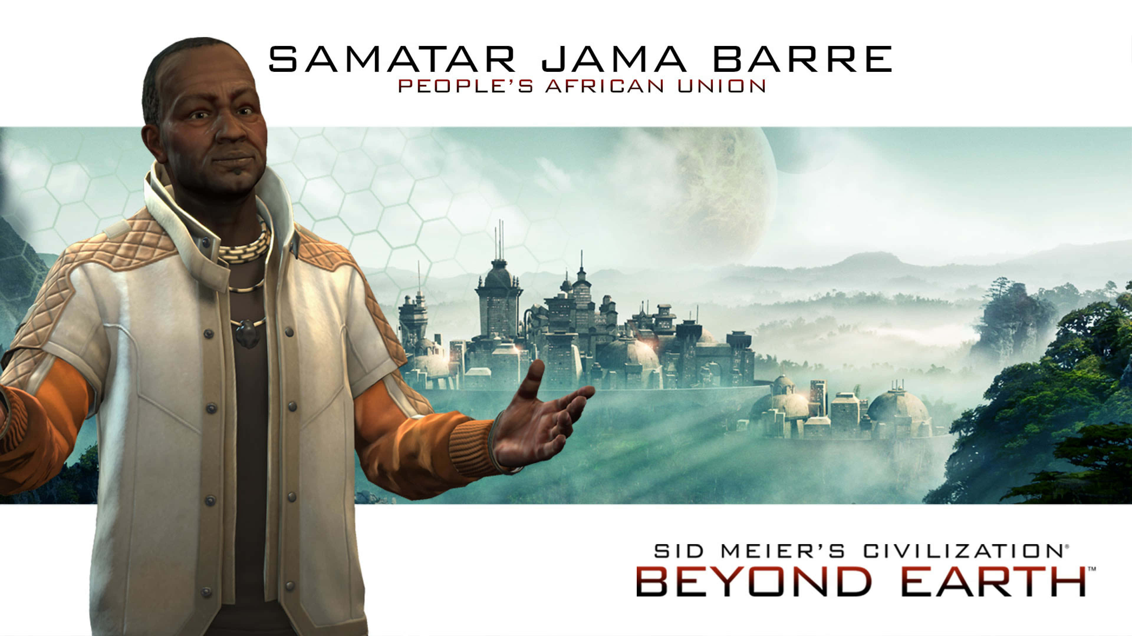 文明：地球之外 4K 背景：薩馬塔爾 壁紙 — 在《Civilization Beyond Earth》的宣傳圖片中，一名穿著未來風格服裝的男子向著大月亮下霧氣瀰漫的外星城市景觀做手勢。