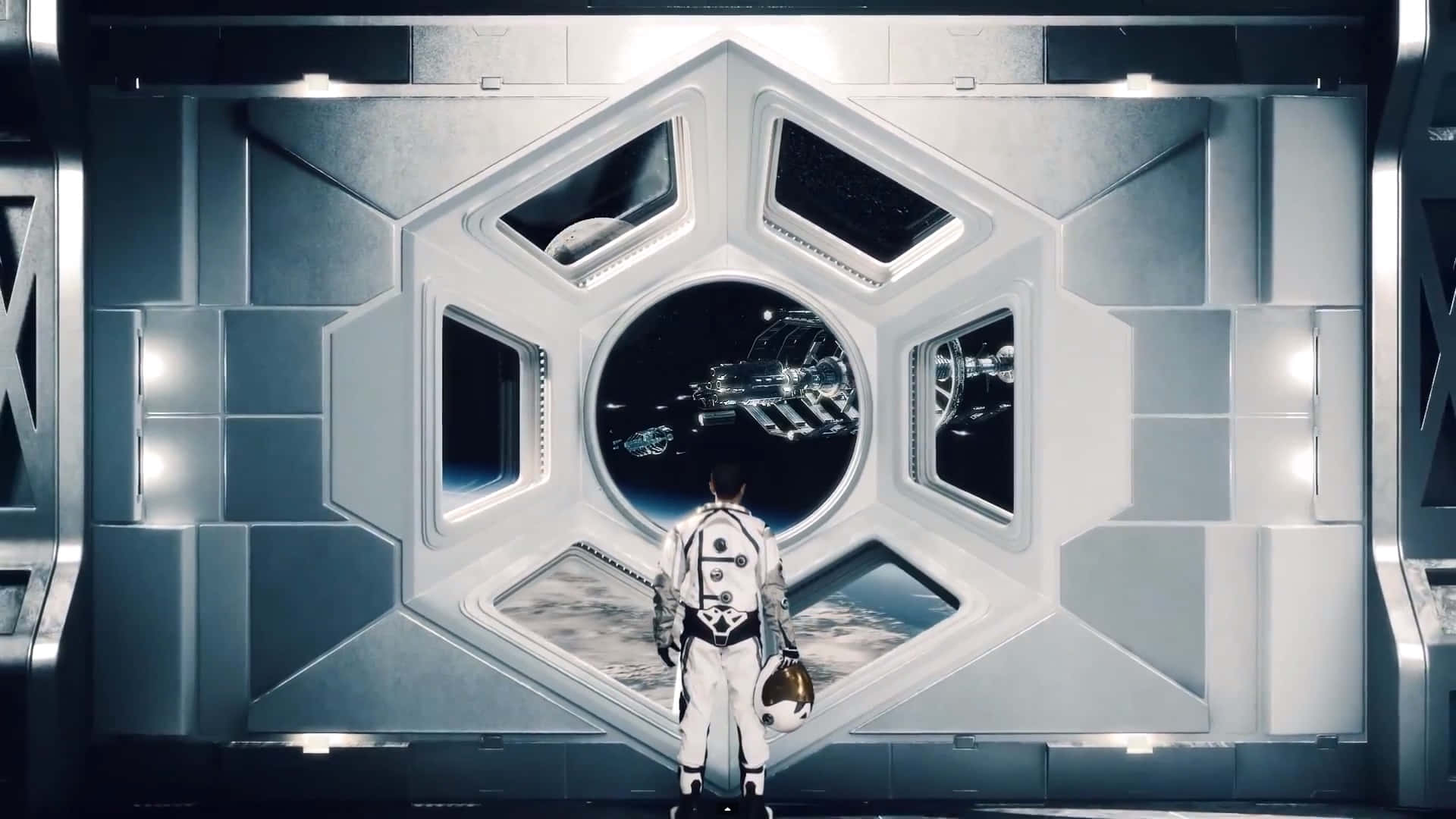 身穿白色太空衣的太空人從太空站窗戶望向太空船和地球。
