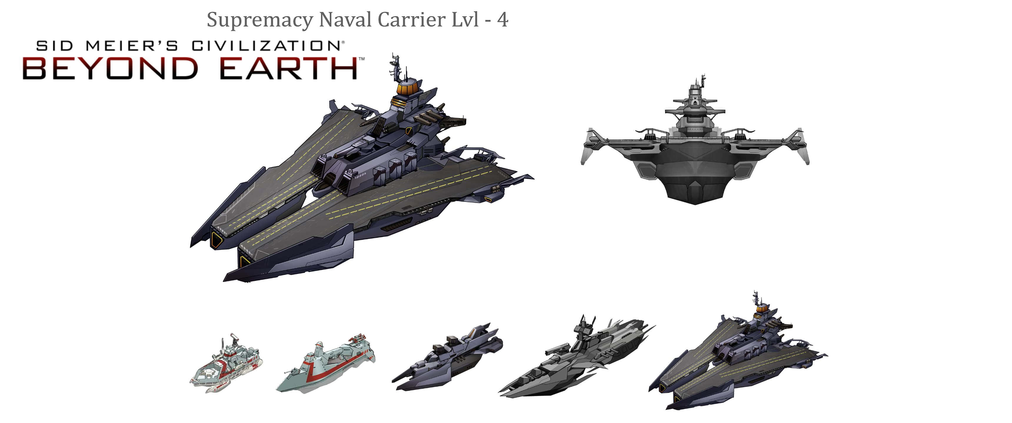 《文明：太空》遊戲中不同尺寸航空母艦的 3440x1440p 背景 壁紙 — 來自《Sid Meier's Civilization Beyond Earth》的一系列時尚未來海軍戰艦，展示在純白色背景上。
