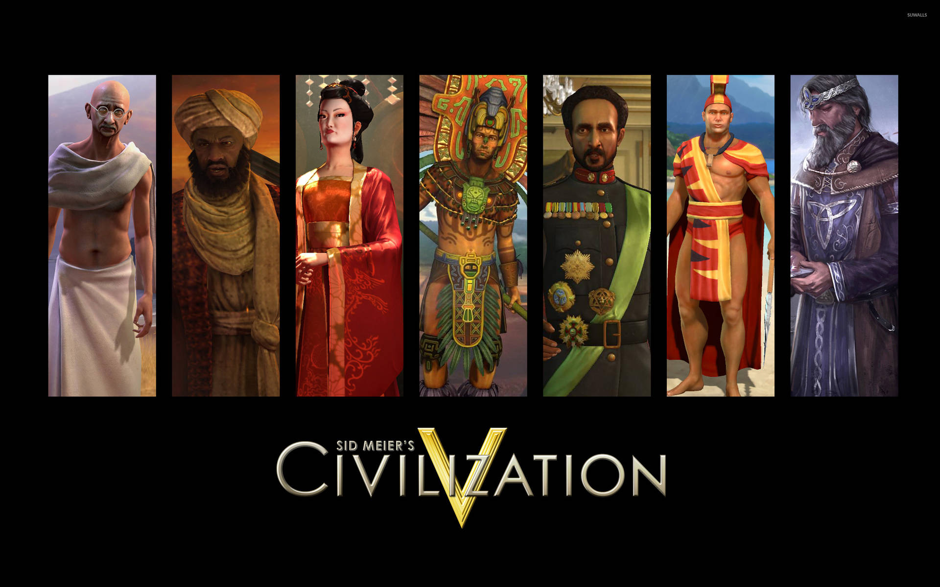 《Civilization V》中的七位歷史領袖，身著獨特服裝，排成一排展示。