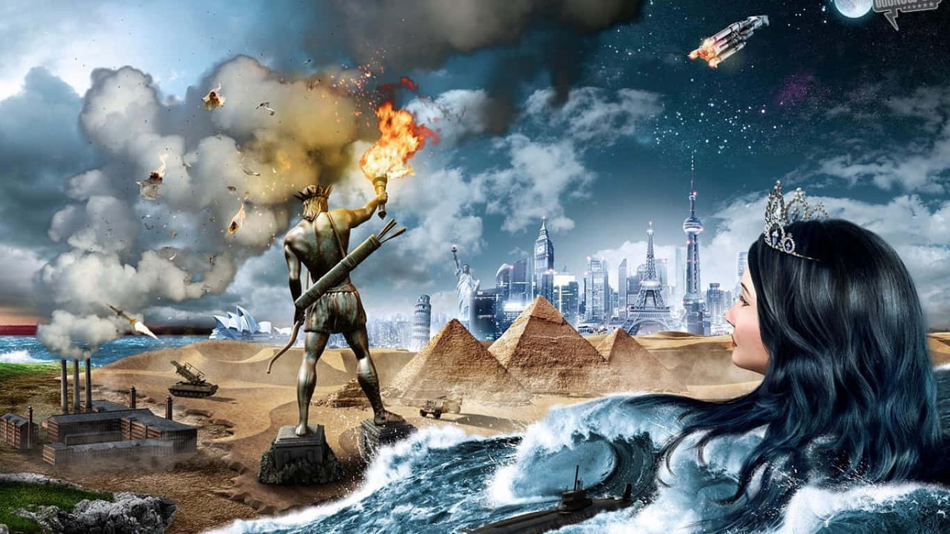 《文明5》的風景畫 壁紙 — 一位神話戰士手持燃燒的火炬，而美人魚在風暴天空下注視著一幅包含全球地標的超現實拼貼畫，其中有飛行的火箭。
