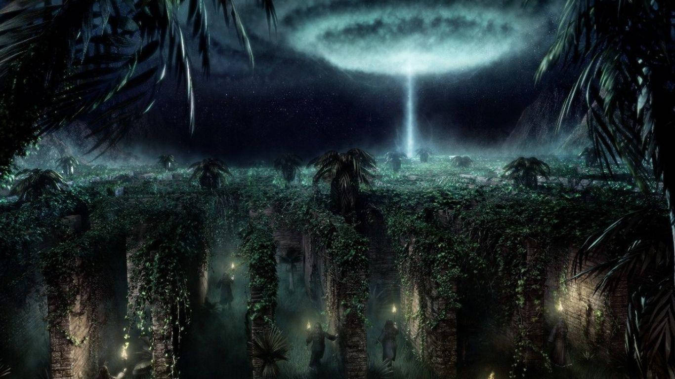 古代遺跡被藤蔓覆蓋，喺發光嘅外星天空下有一道光束降臨。