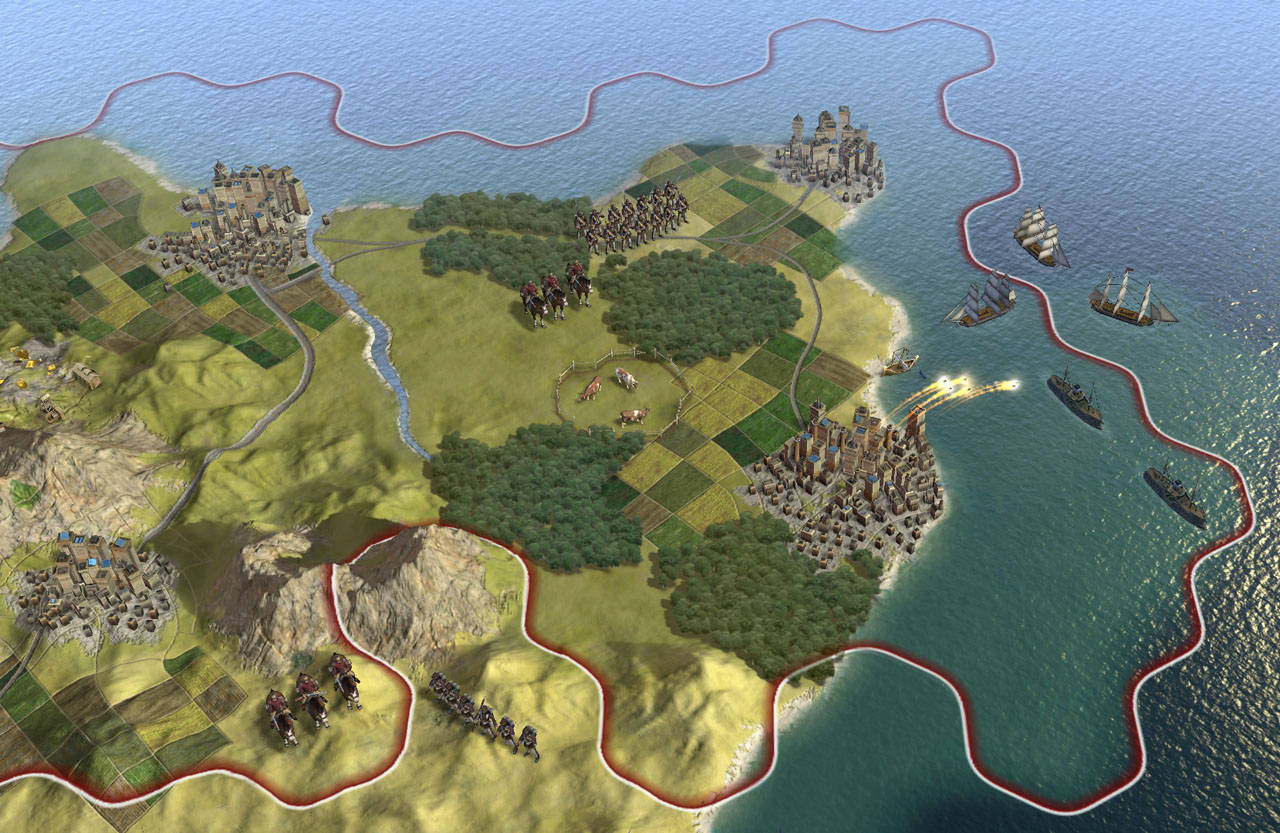 文明5的3D群島 壁紙 — 沿海地區的戰略地圖視圖，軍隊穿越農田和森林行進，而海軍艦艇在海洋中戰鬥。