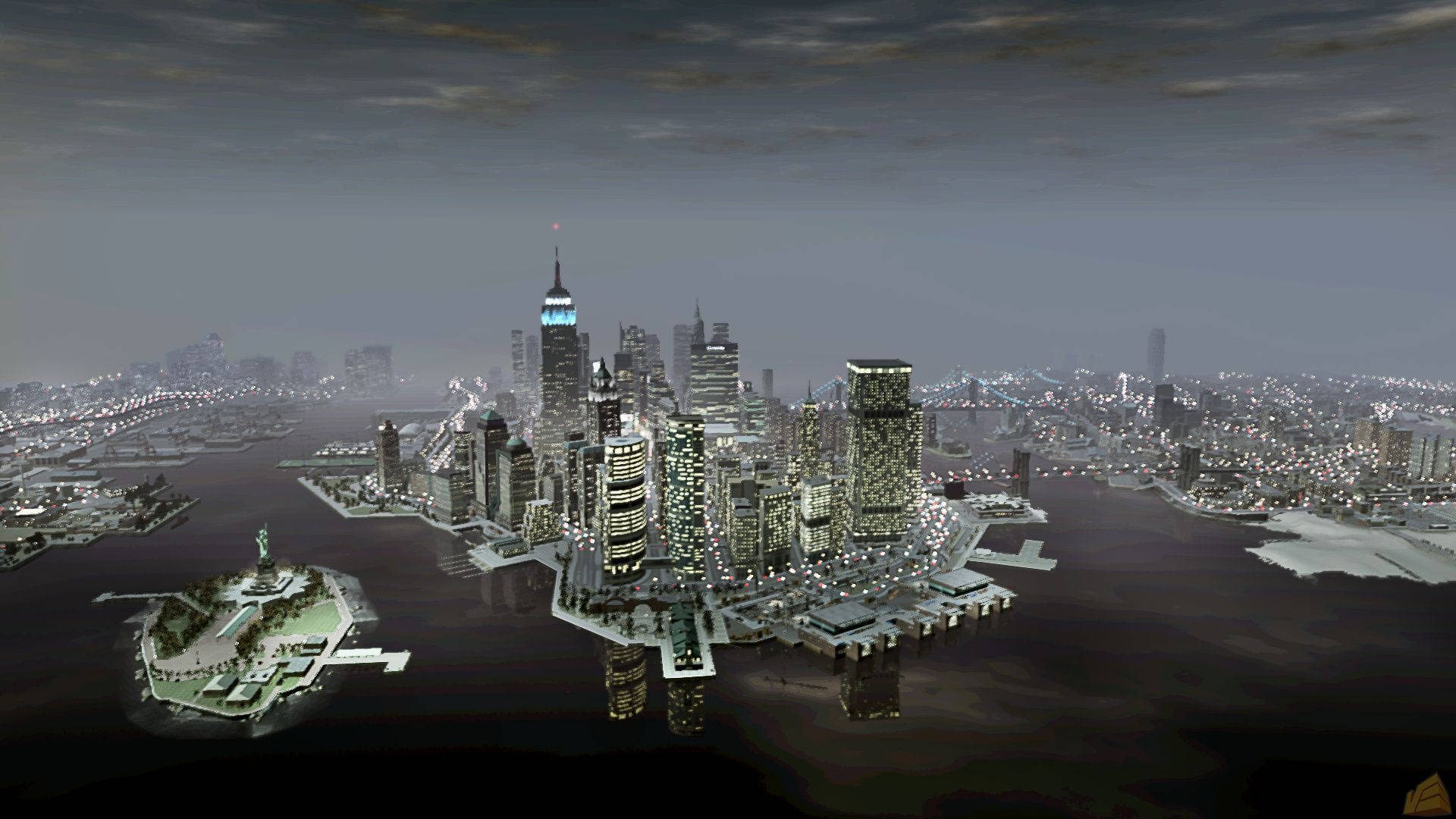 文明5的浮空現代城市 壁紙 — 一幅充滿氣氛的數碼渲染作品，描繪黃昏時分的紐約市，摩天大樓燈火通明，自由島上的自由女神像閃閃發光。