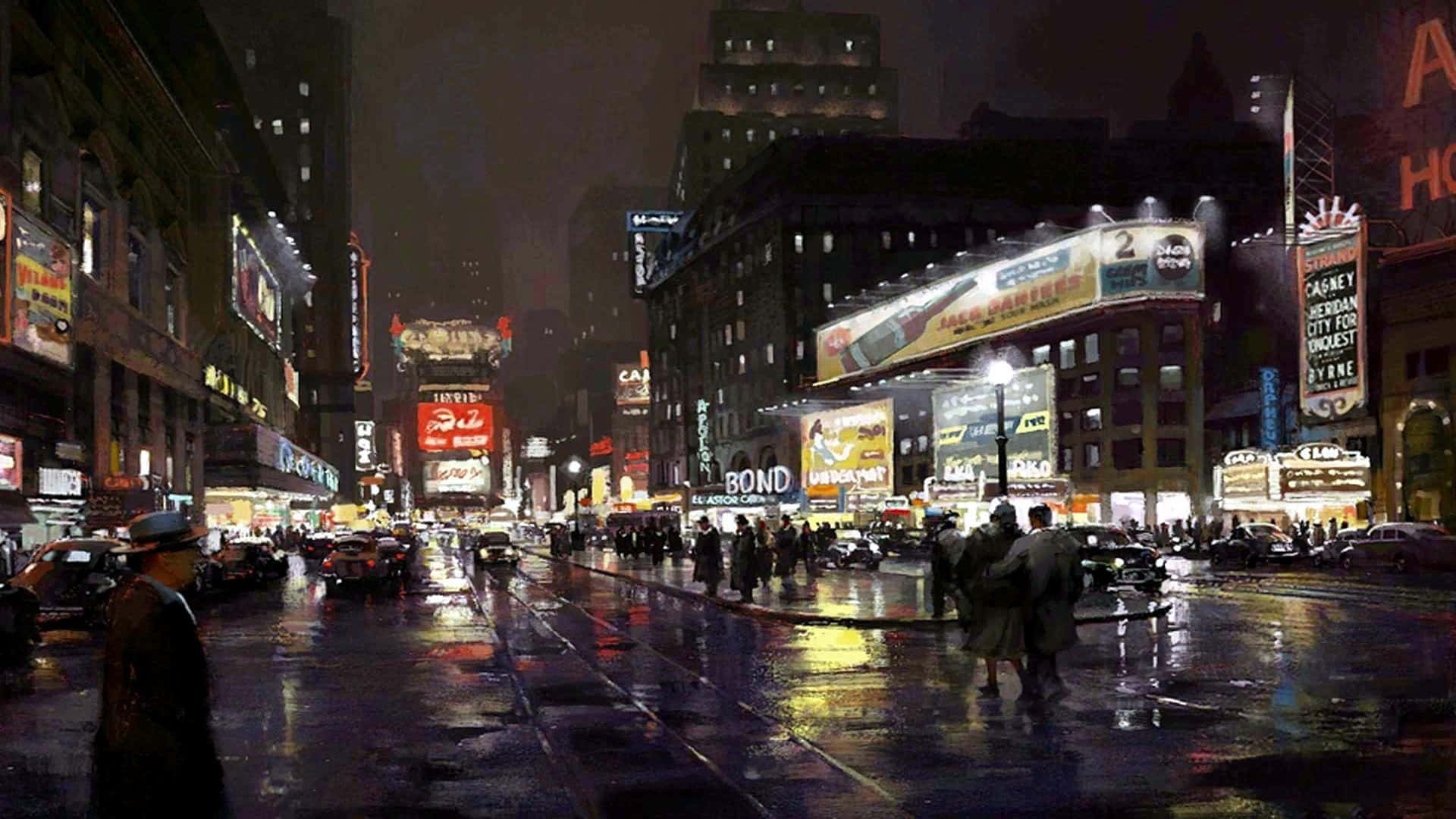 繁忙的雨夜城市街道，閃爍的霓虹燈招牌和濕漉漉路面上的倒影。