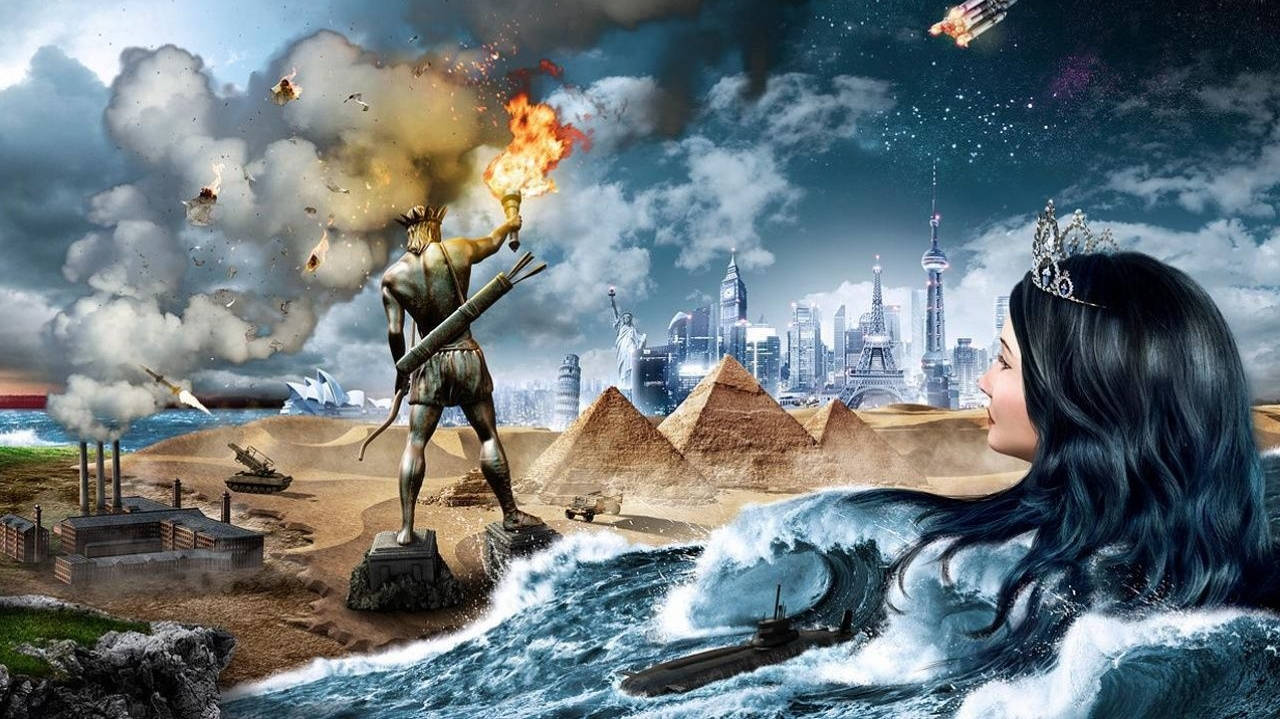 一條美人魚看著古代金字塔、現代摩天大樓和戰爭的混亂混合。