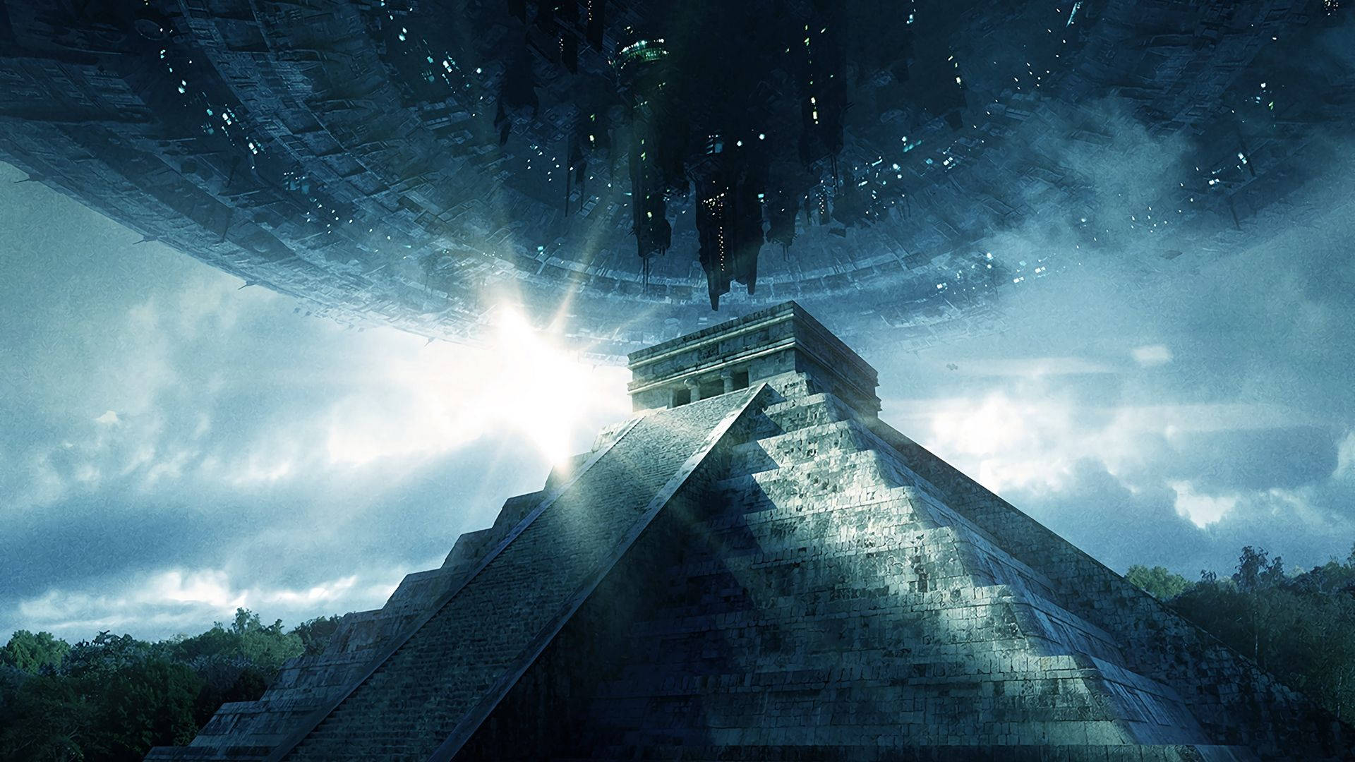 古老石製金字塔下方懸浮的外星太空船，伴隨著明亮的陽光。