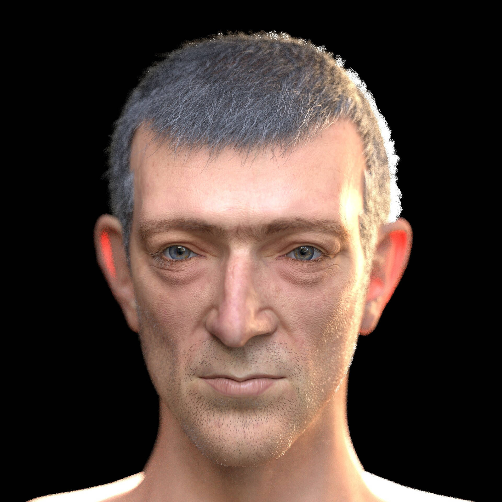 一位灰髮藍眼的中年男子肖像。