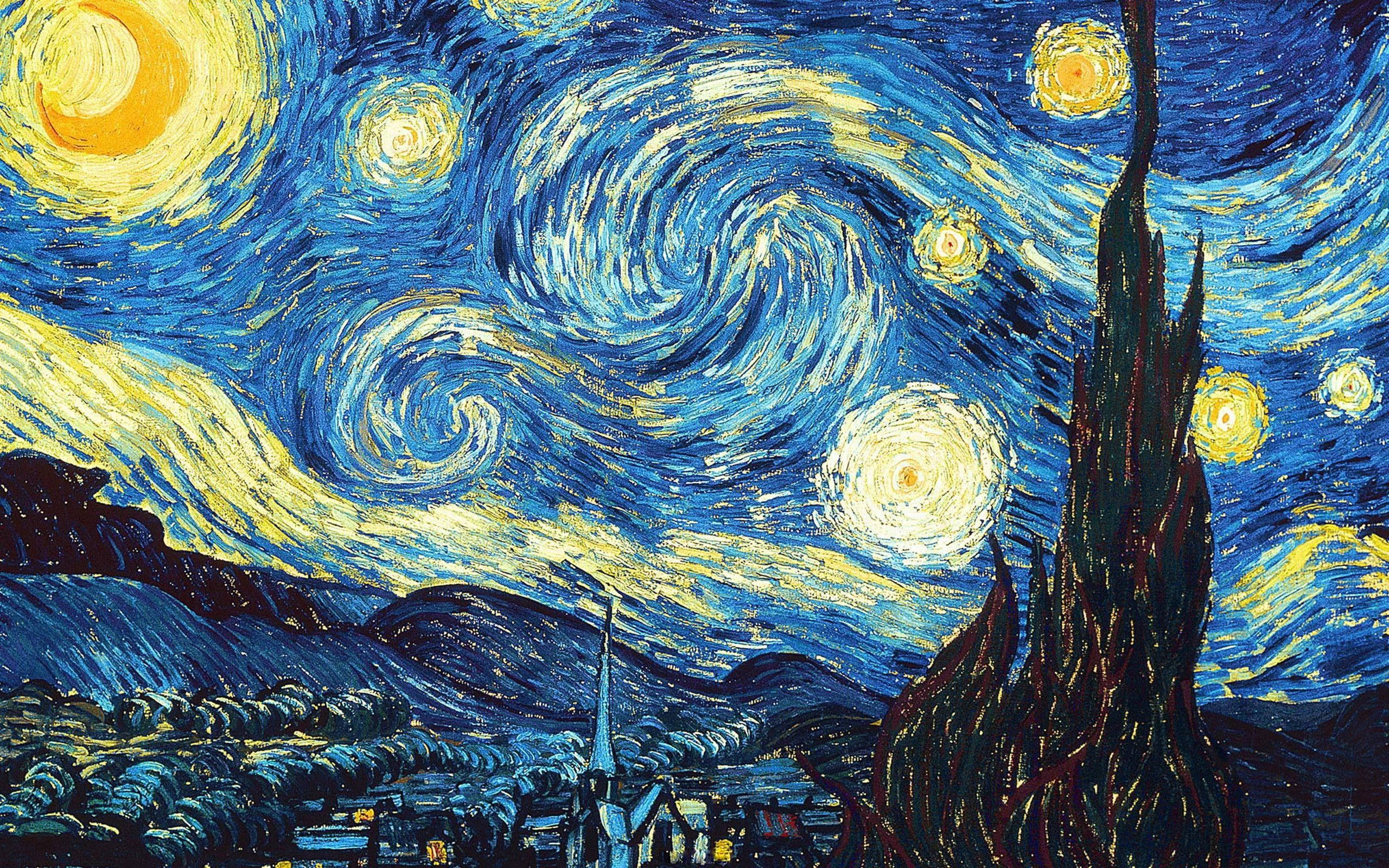 文森特·梵高《星夜》 壁紙 — 充滿活力的旋轉夜空，閃爍的星星和一棵高大的柏樹，下方是寧靜的村莊。
