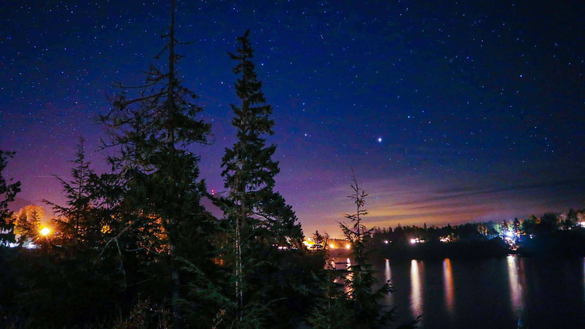 湖面上的星空夜，有松樹和遠處城鎮的燈光倒映在水中。