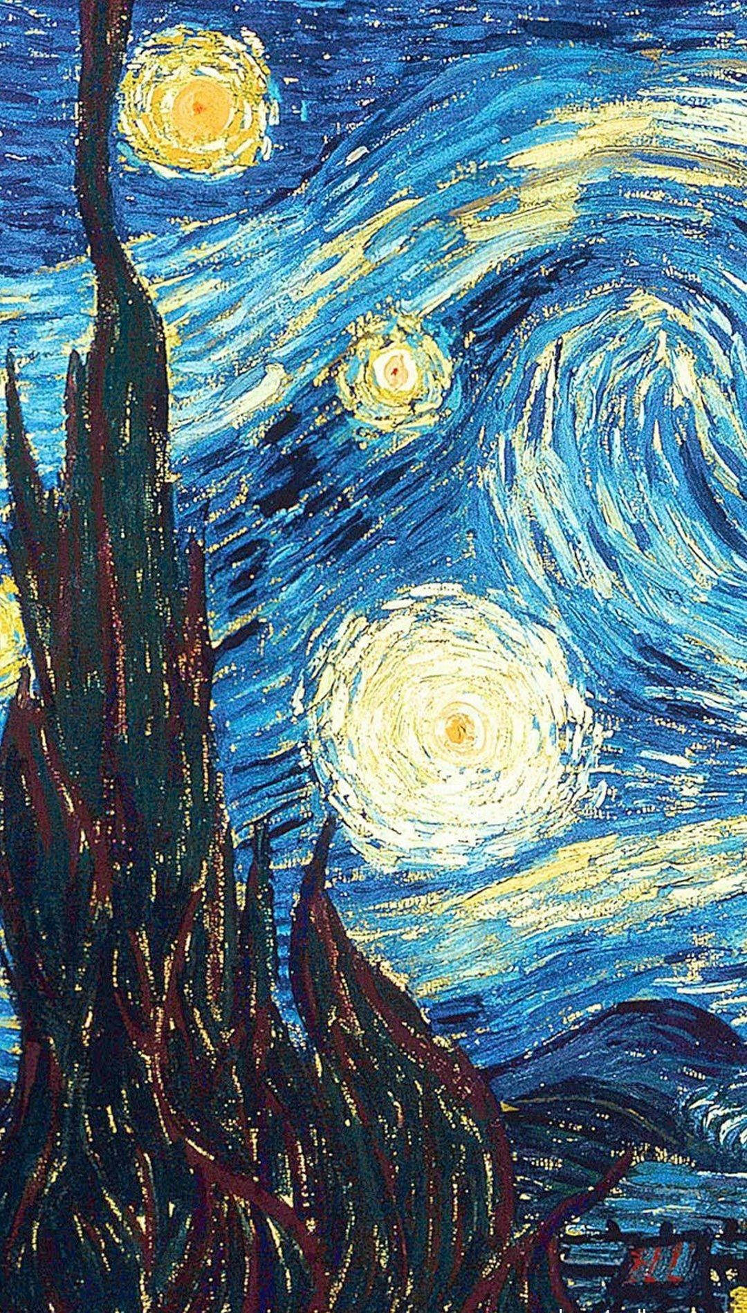 文森特·梵高《星夜塔樓》 壁紙 — 充滿活力的旋轉夜空，閃爍的星星和一棵深色柏樹，在動盪的藍色畫布下。