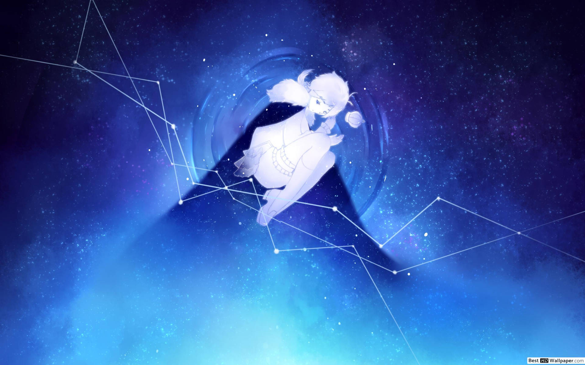 動畫女孩漂浮在星空空間中，周圍有發光的星座。