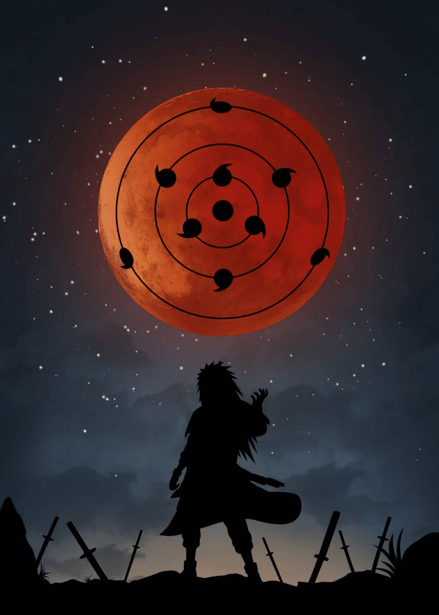 忍者剪影在繁星點點的夜空下，紅色月亮帶有輪迴眼標誌。