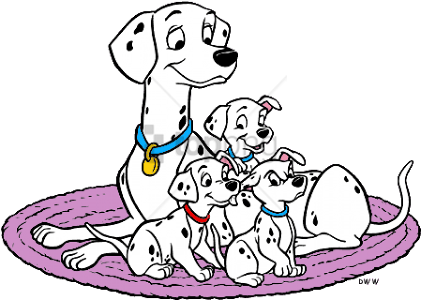 斑點狗家族卡通 壁紙 — 卡通斑點狗媽媽和她的幼犬一起坐在紫色地毯上，表情愉快。