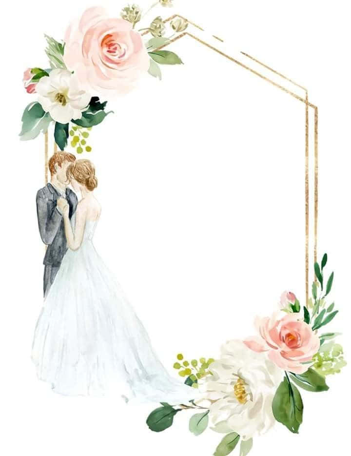 斜紋花卉框架婚禮背景 壁紙 — 一幅水彩插圖，描繪新娘和新郎在一個裝飾著粉紅色和白色玫瑰的六角形花拱門下接吻。