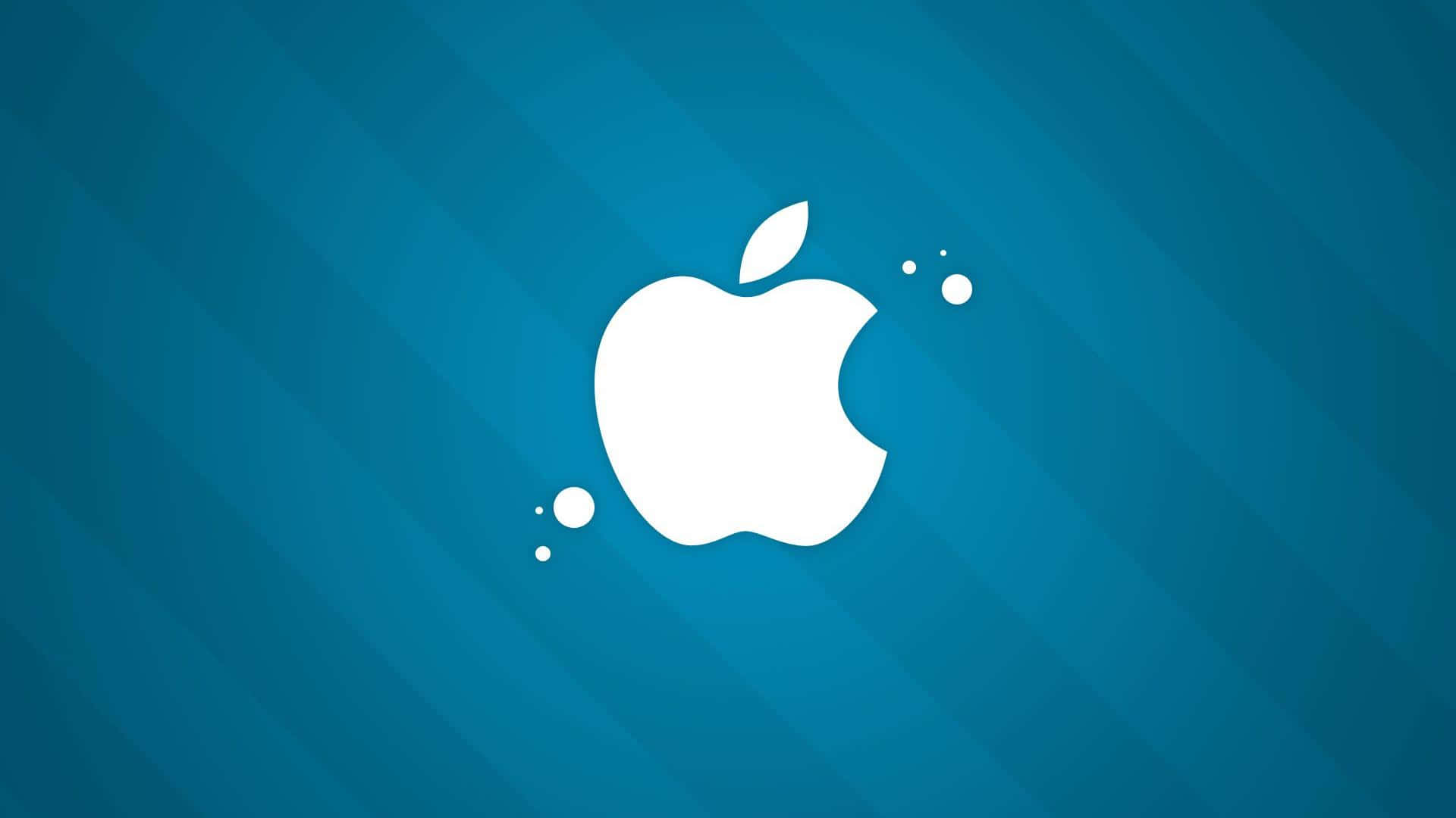 白色Apple標誌與氣泡在藍色對角線條紋背景上