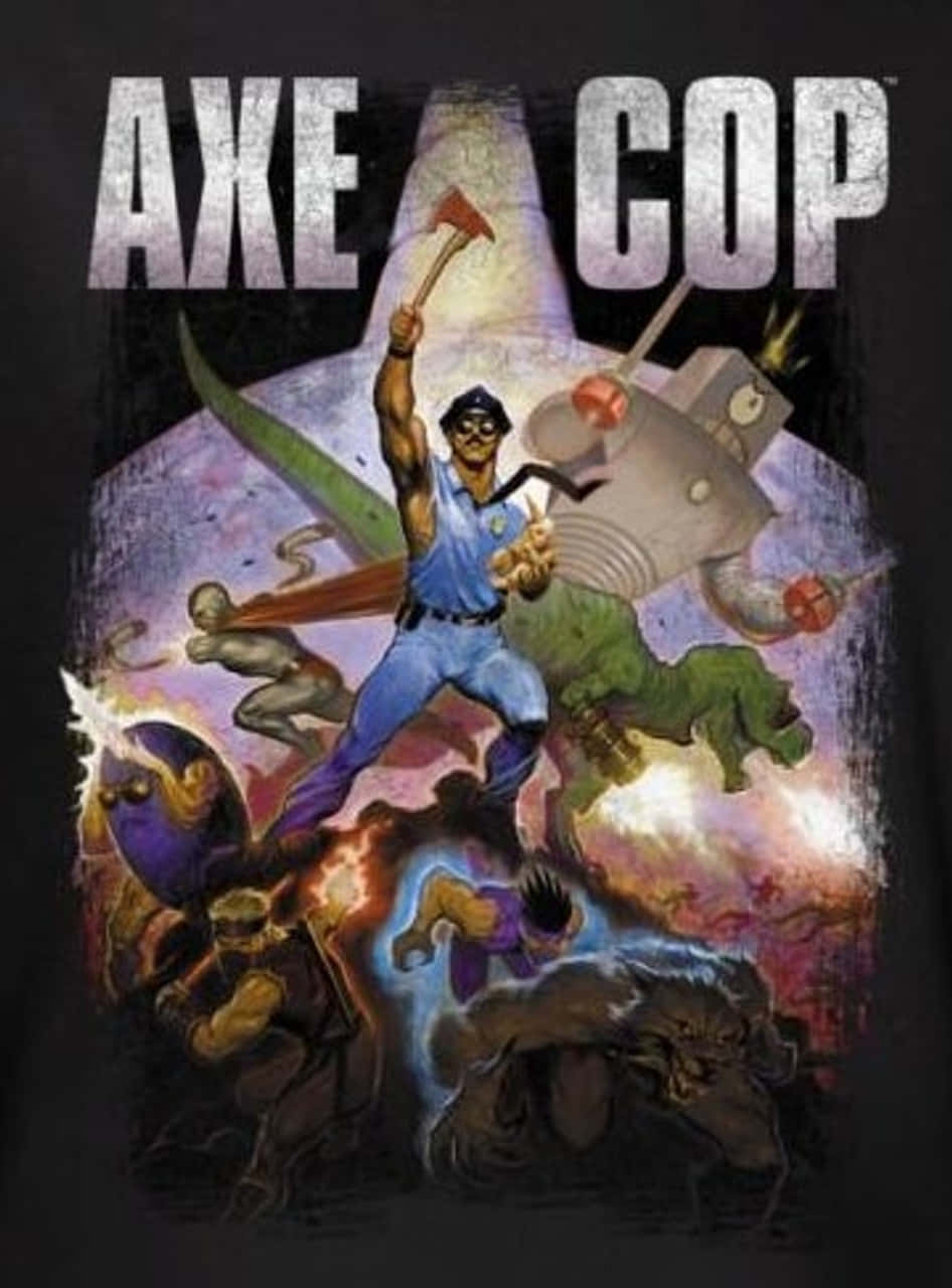 Axe Cop在漫畫風格的插圖中用斧頭與怪物戰鬥。