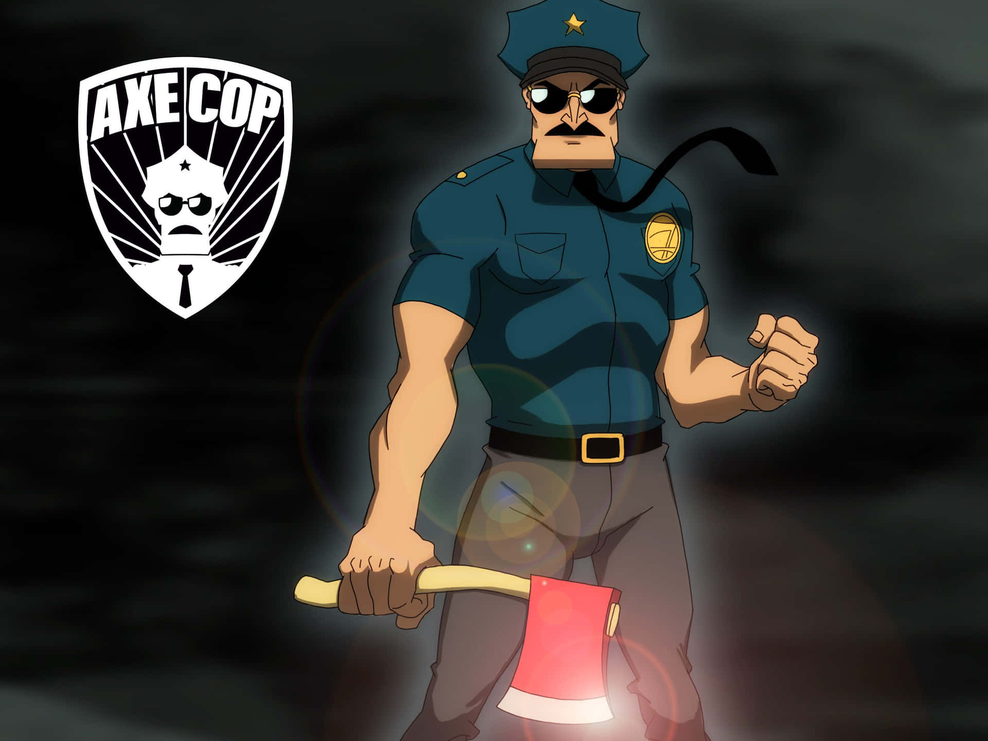 一個卡通警察手持斧頭，角落有標誌。