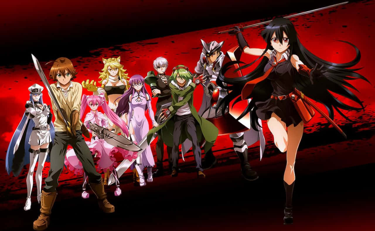 《斬！赤紅之瞳》角色武器圖像 壁紙 — 一群充滿動感的動漫戰士手持劍，準備好對抗血紅色的背景。