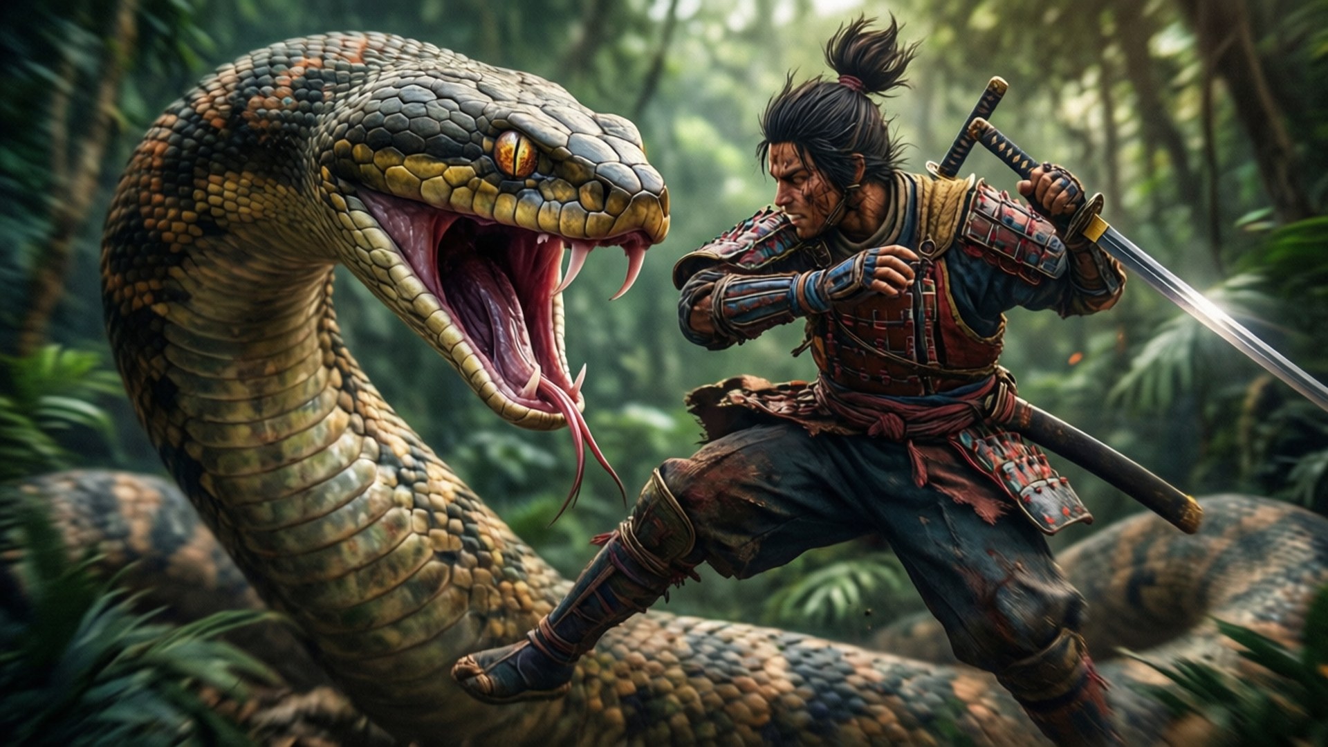 斬蛇者 壁紙 — 一名身穿戰鬥盔甲的武士戰士在茂密的叢林中與一條巨大的毒蛇對峙，陽光斑駁。