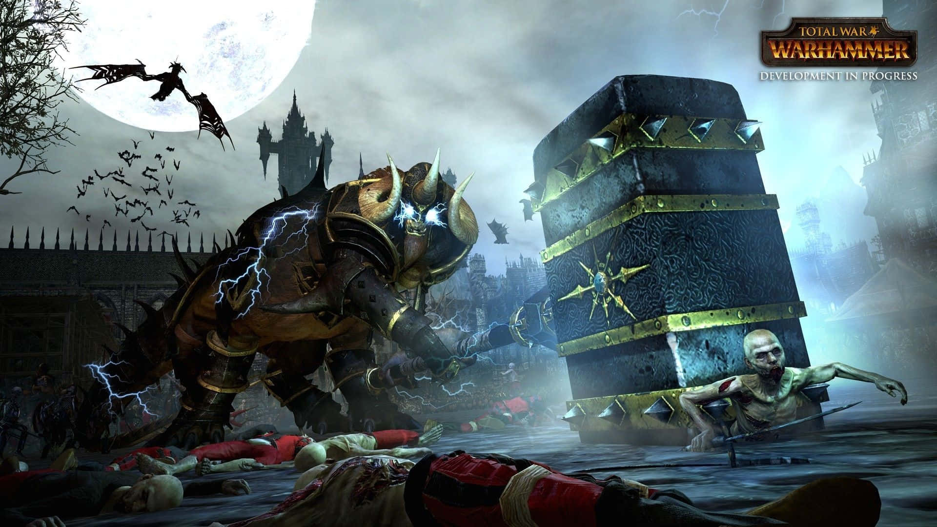 斯卡文族 1920x1080 Total War Warhammer 背景 壁紙 — 一個擁有閃電力量的惡魔軍閥在滿月下的哥德式戰場上與不死戰士作戰。