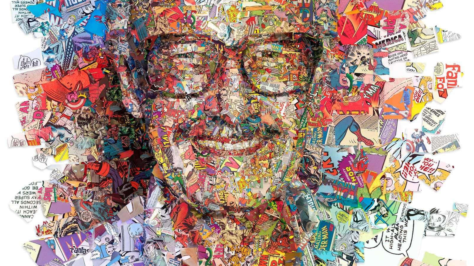 由漫畫碎片製成的戴眼鏡微笑男士。