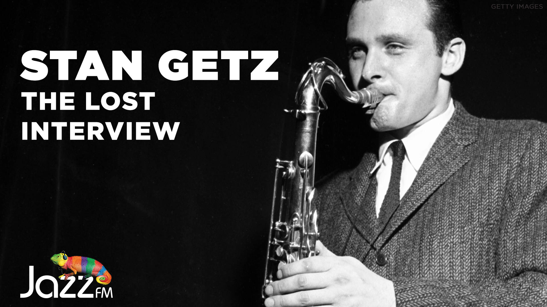 Stan Getz 在黑白照片中演奏薩克斯風，帶有文字疊加。