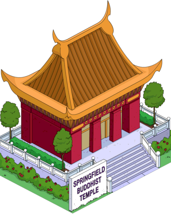 斯普林菲尔德佛教寺插圖 壁紙 — 一座卡通佛教寺廟，金色屋頂和紅色柱子，周圍環繞著綠樹和白色圍欄。