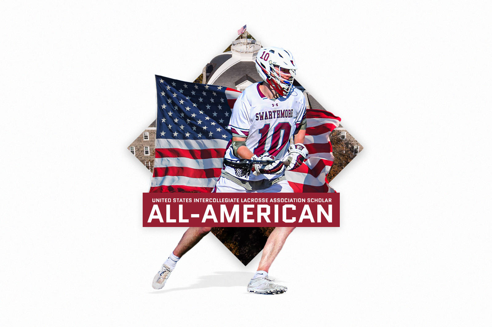 身穿Swarthmore球衣的長曲棍球運動員手持球棍，帶有「All-American」文字和美國國旗圖案。