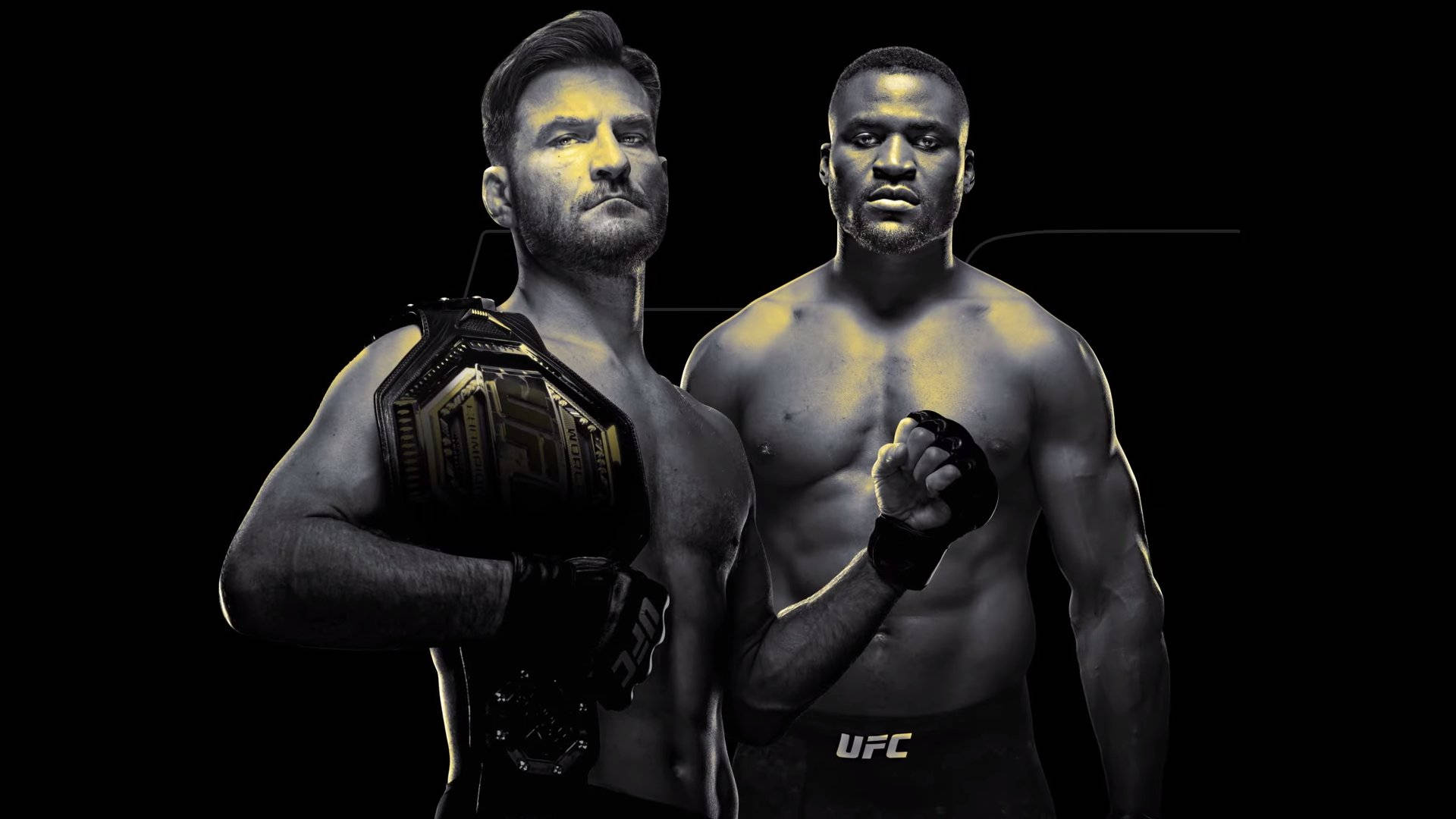 斯泰普·米奧奇與弗朗西斯·恩格努海報 壁紙 — 兩位肌肉發達的UFC拳手站在黑色背景前，一位手持冠軍腰帶，另一位擺出戰鬥姿勢。