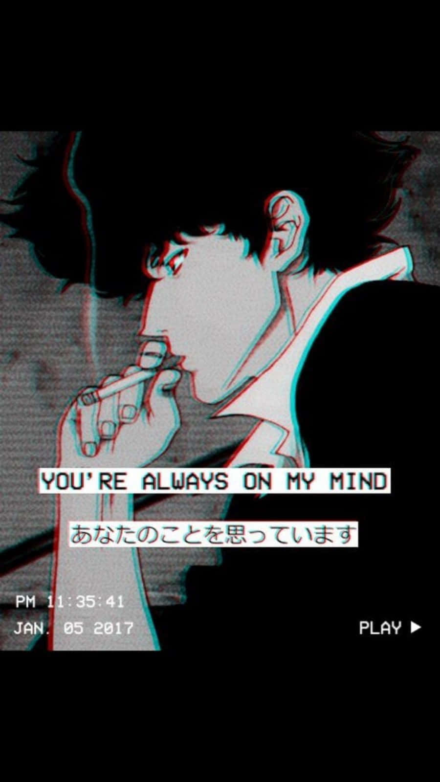 動漫角色吸煙，帶有故障效果和文字疊加。