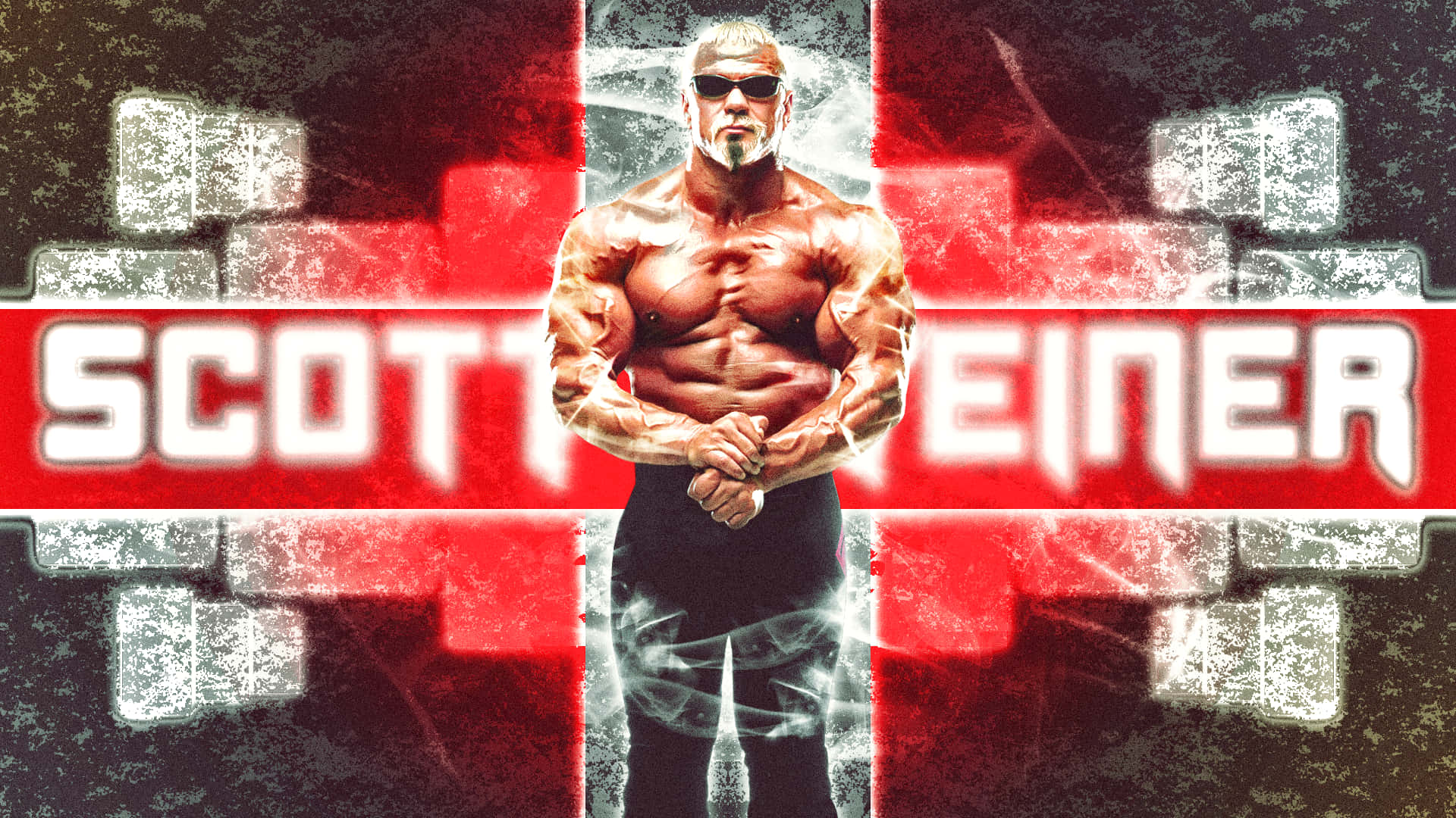 斯科特·史蒂納 展現肌肉 壁紙 — 肌肉發達的摔角手 Scott Steiner 自信地戴著太陽眼鏡，站在一個大膽的紅黑圖形背景前，背景上顯示著他的名字。