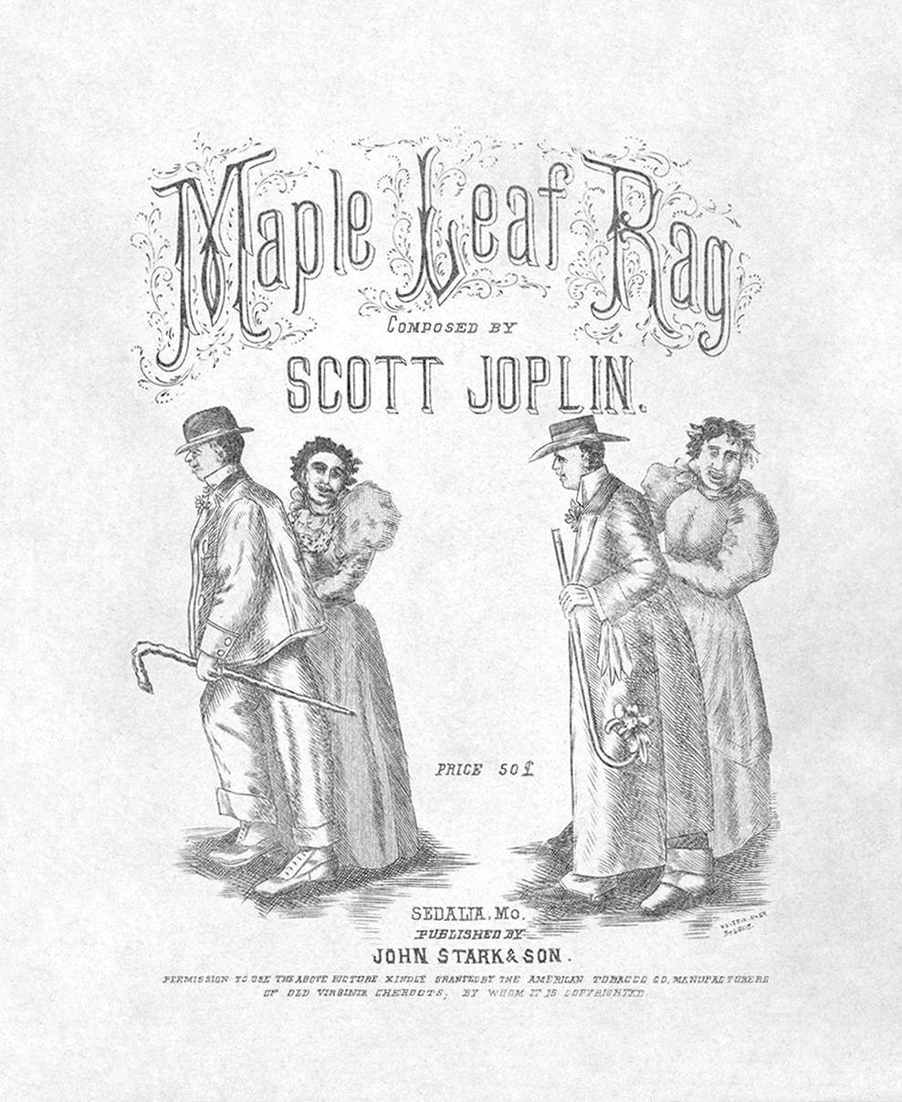 斯科特·喬普林《楓葉拉格》首版封面 壁紙 — Scott Joplin 的《楓葉拉格》復古樂譜封面，帶有華麗字體和兩對穿著19世紀晚期服裝的情侶。