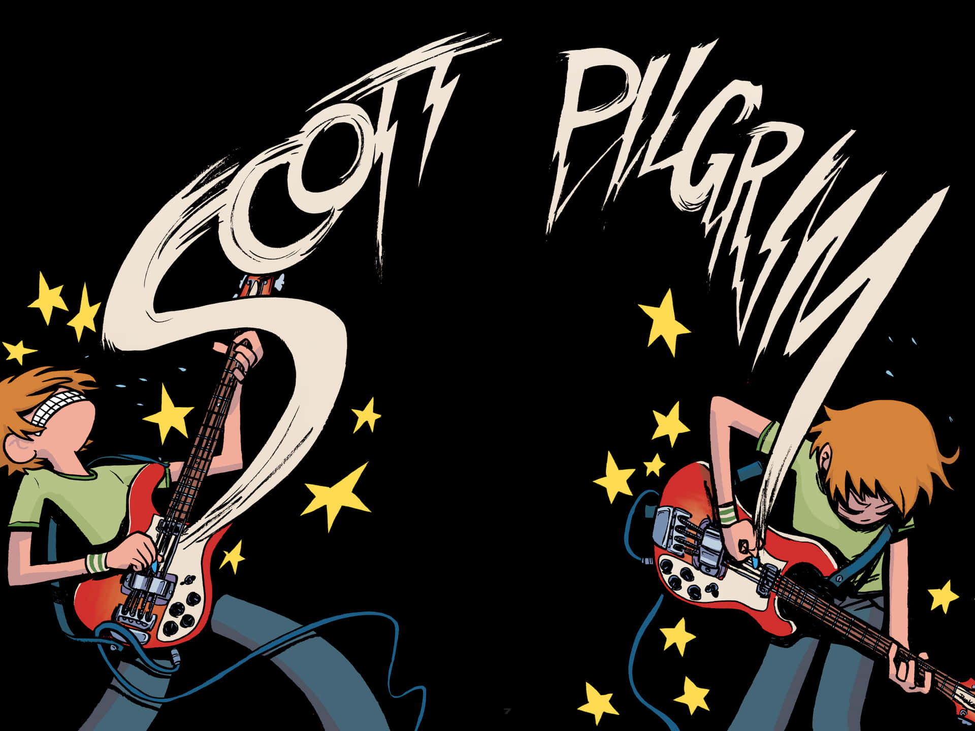Scott Pilgrim彈奏電結他，星星在他周圍飛舞。
