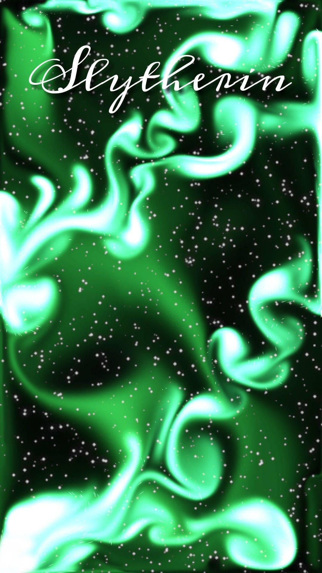 綠色宇宙漩渦，帶有閃爍星星和史萊哲林文字