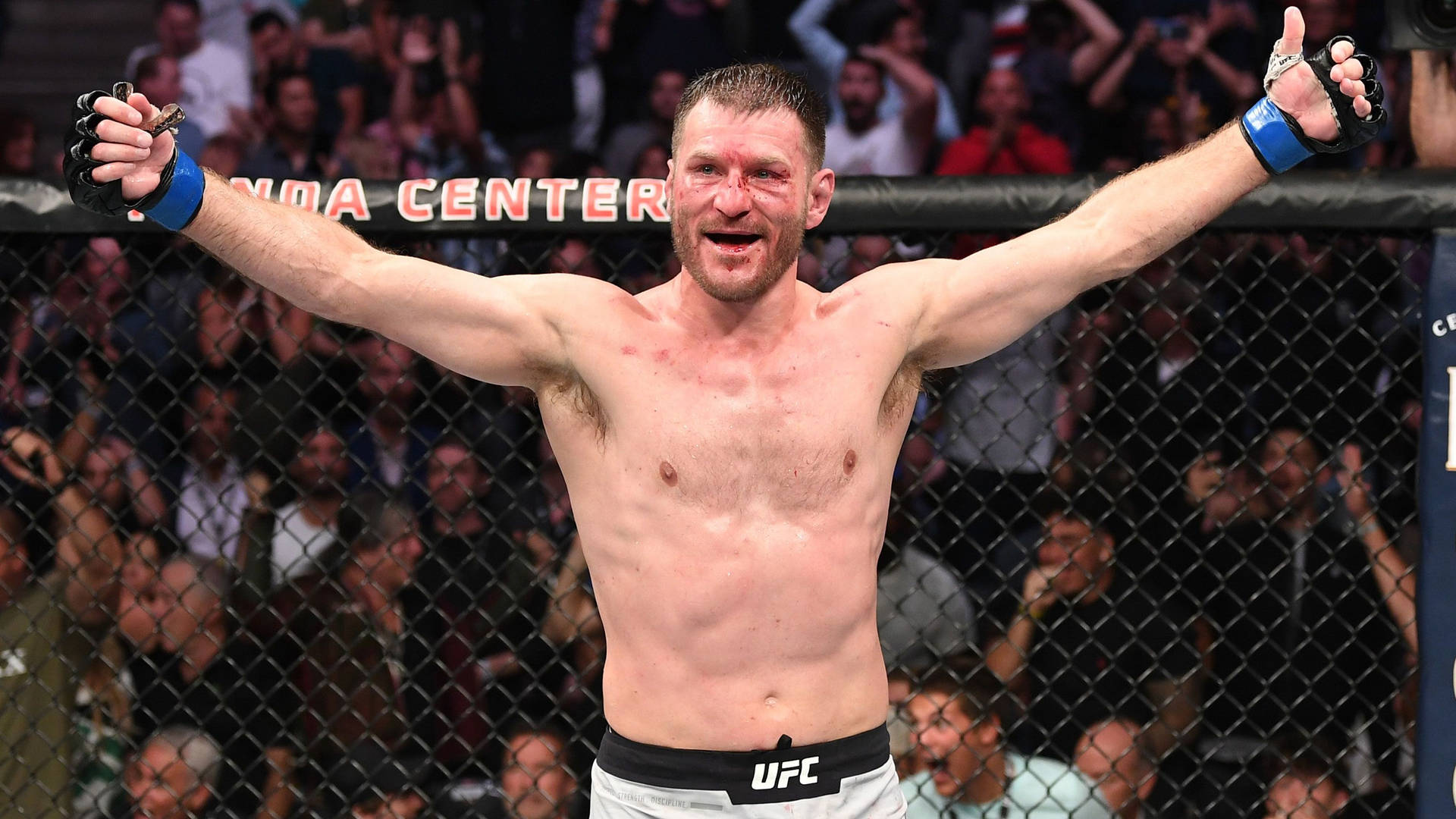 斯蒂普·米奧奇克慶祝勝利 壁紙 — 一位勝利的UFC拳手在八角籠內高舉雙臂慶祝，背景中粉絲們歡呼。