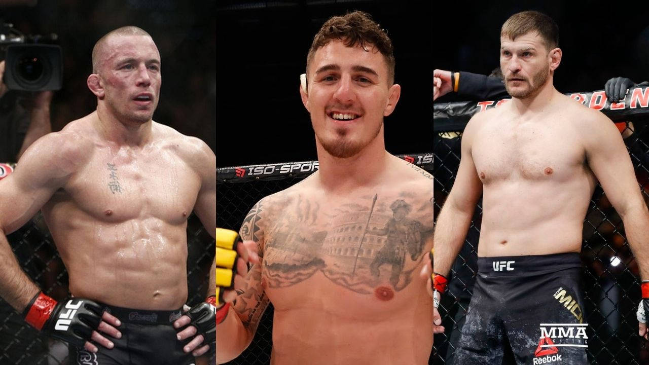 斯蒂普·米奧奇克戰士拼貼 壁紙 — 三名肌肉發達的男性MMA拳手身穿八角籠裝備，在明亮的場館燈光下展現強烈的表情和紋身。