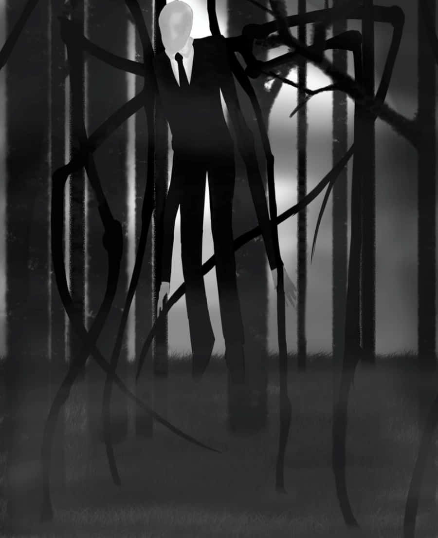 瘦長人（Slenderman）在黑暗的森林中，四肢修長，沒有面孔。