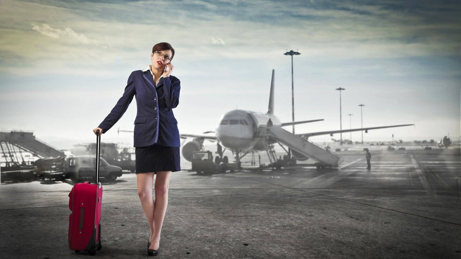 女商人拖著紅色行李箱在機場停機坪上靠近飛機行走。