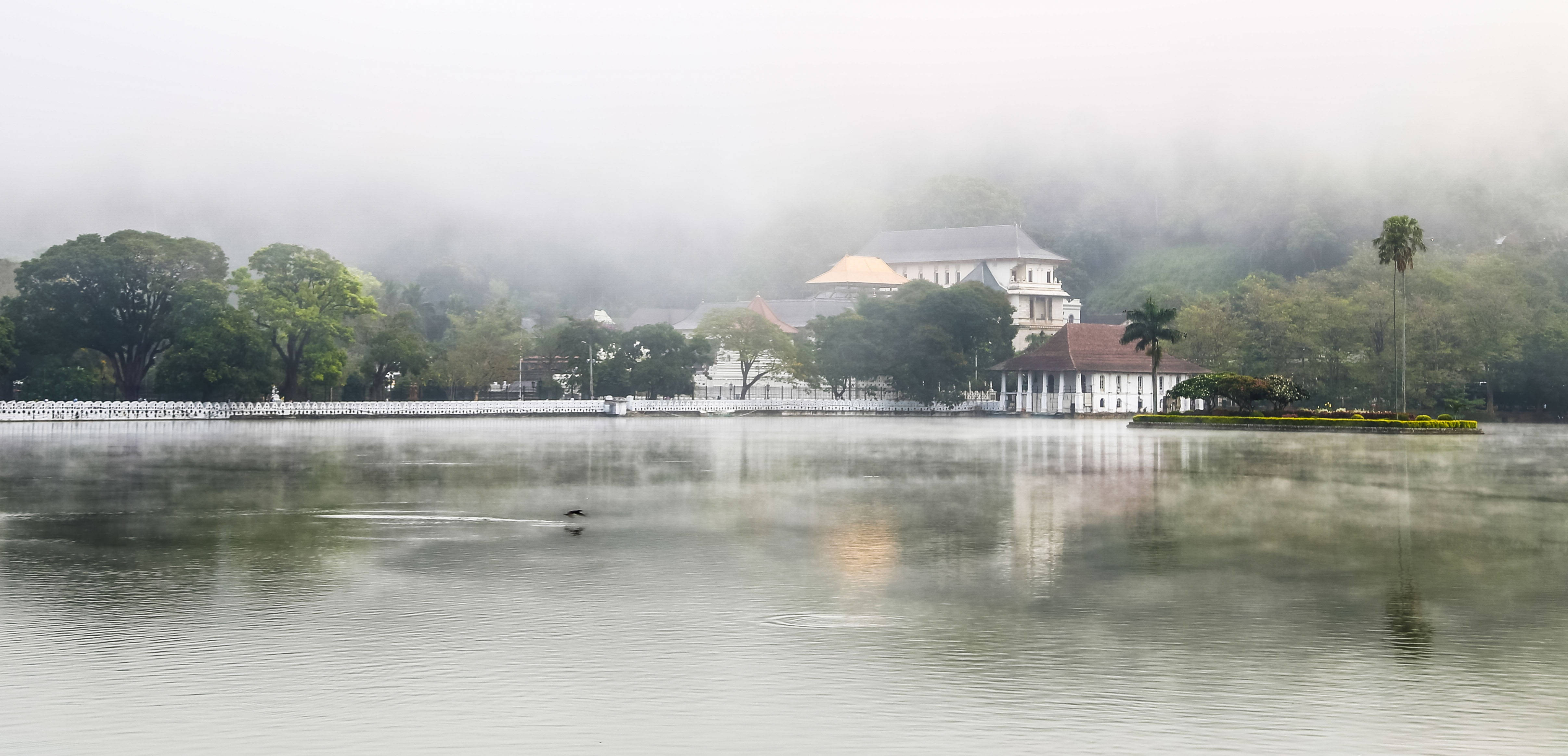 斯里蘭卡坎迪湖薄霧 壁紙 — 霧氣籠罩的湖泊倒映著白色殖民建築和茂密的綠樹，天空迷濛。