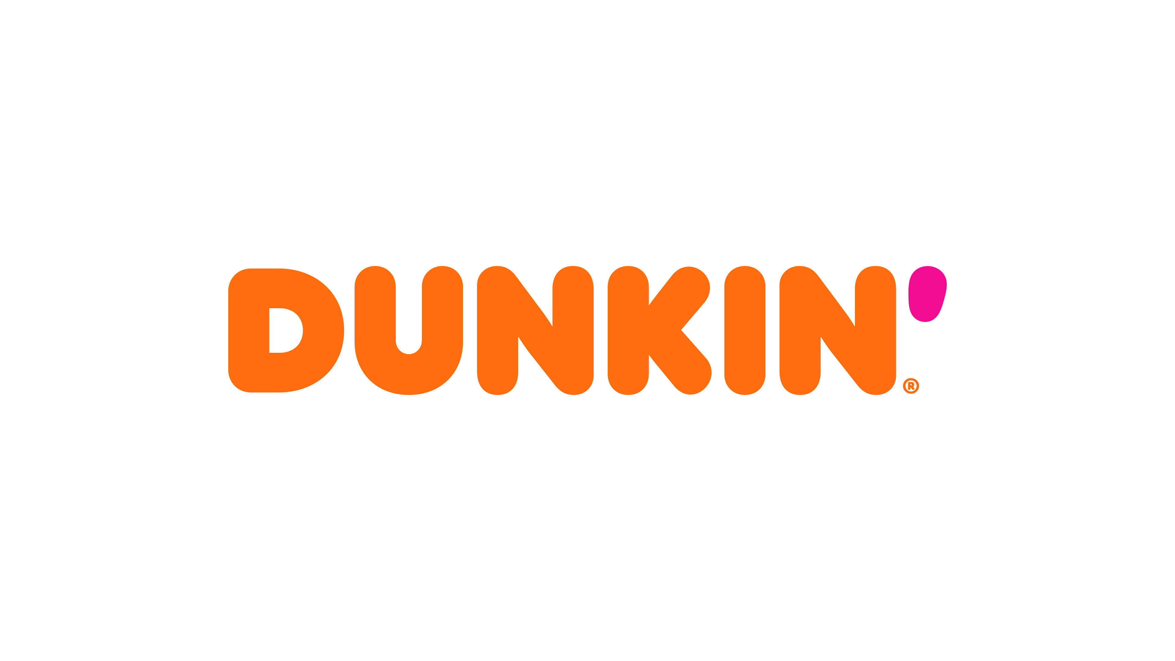 新 Dunkin' Donuts 標誌 壁紙 — Dunkin' 標誌以粗體橙色字母和粉紅色撇號呈現，背景為純白色。