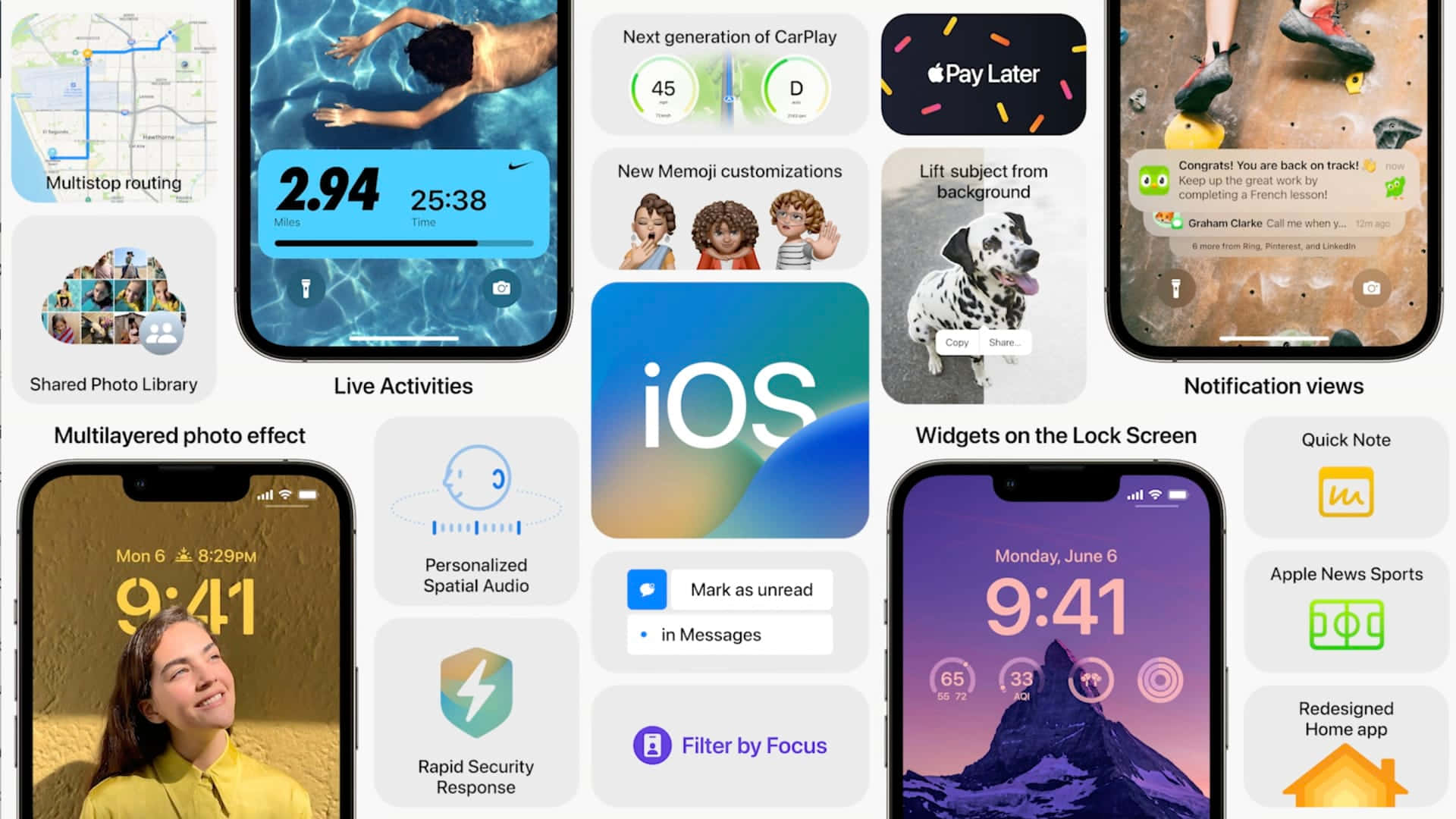 iOS 17 功能亮點，包括 iPhone 屏幕上的即時活動、小工具和通知視圖。