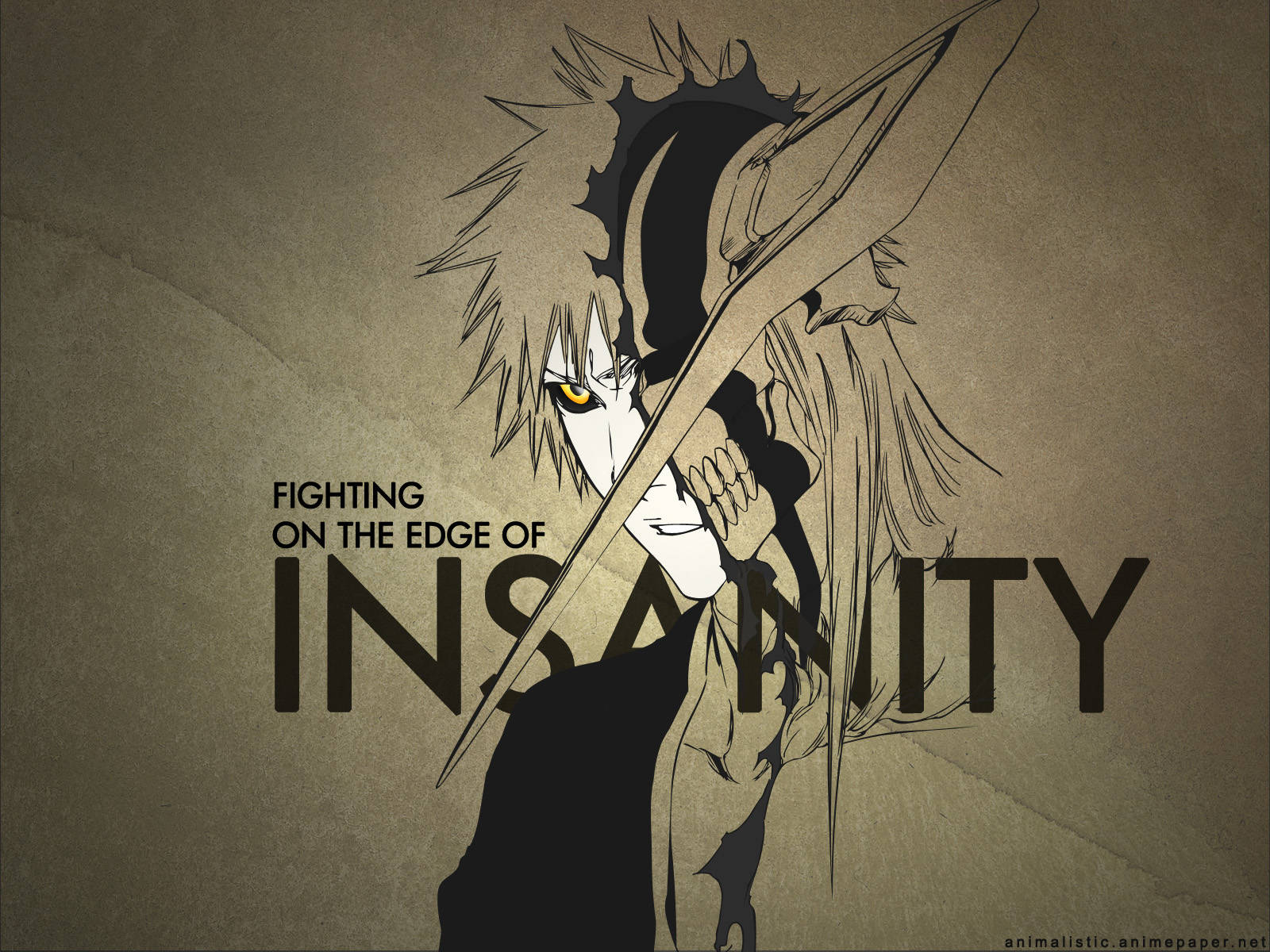 動漫戰士，手持劍和黃色眼睛，配以文字「fighting on the edge of insanity」，強烈地凝視著。