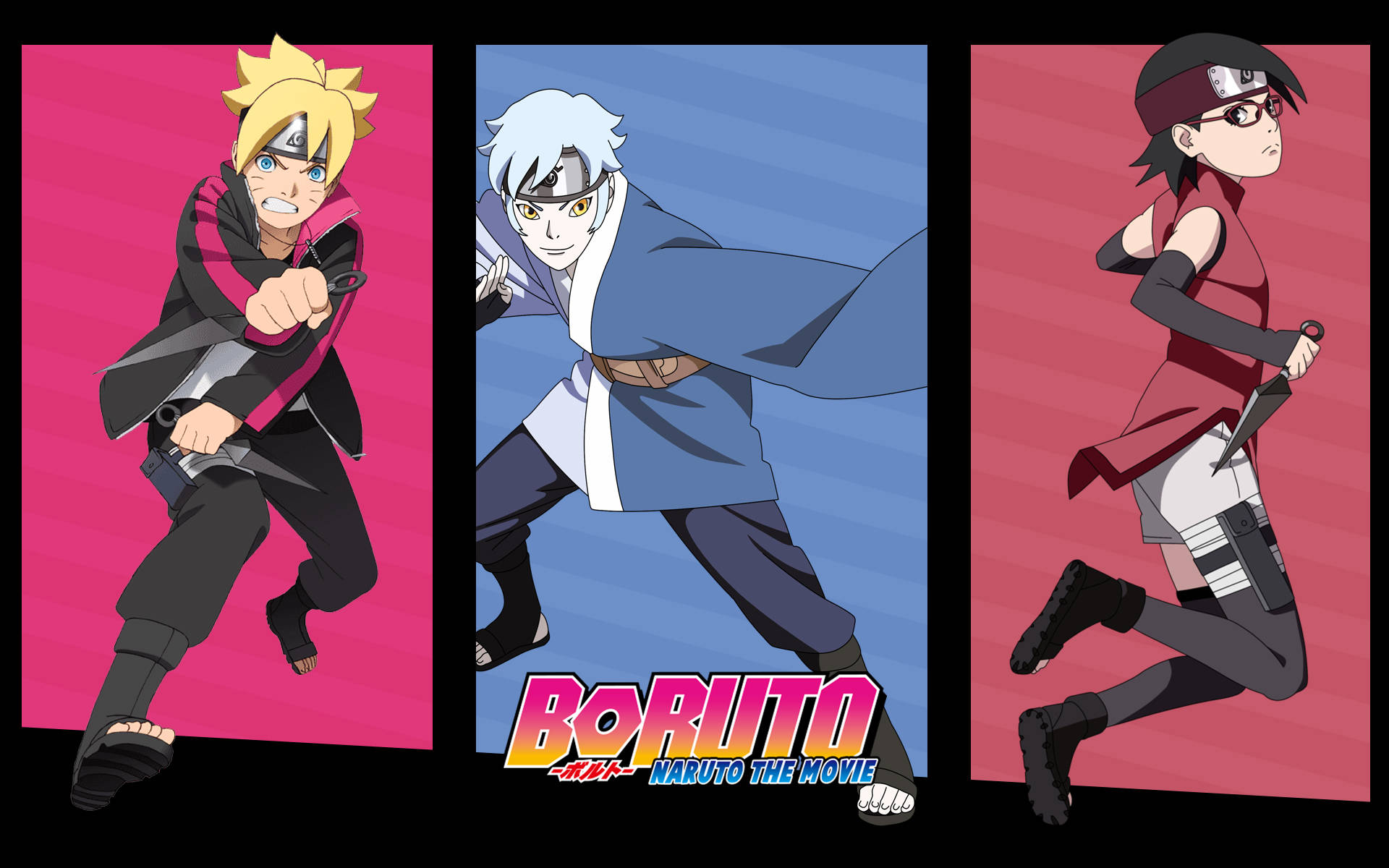 三個來自《BORUTO THE MOVIE》的動漫忍者角色擺出動作姿勢。