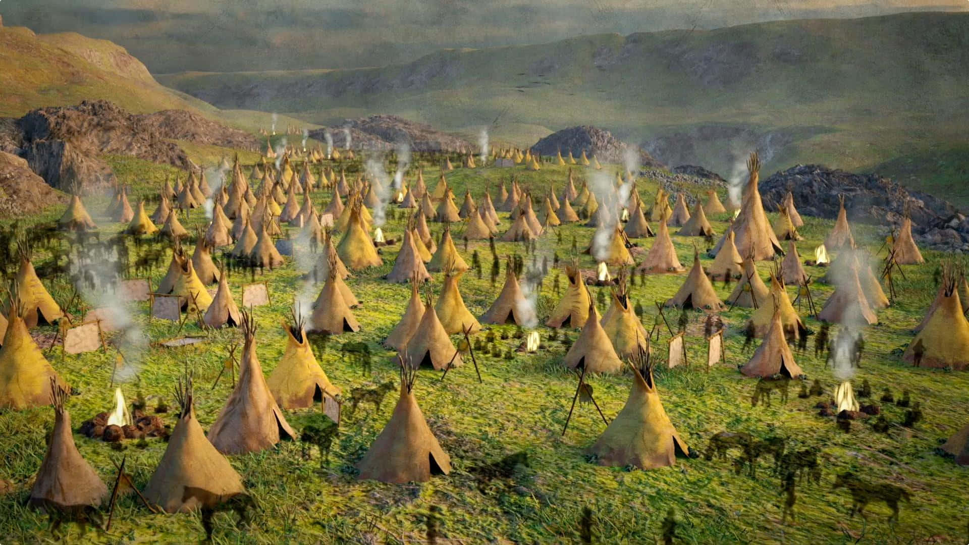 新世界的絕美風景 壁紙 — 一個廣闊的帳篷聚落，炊煙裊裊，覆蓋著朦朧天空下的草原。