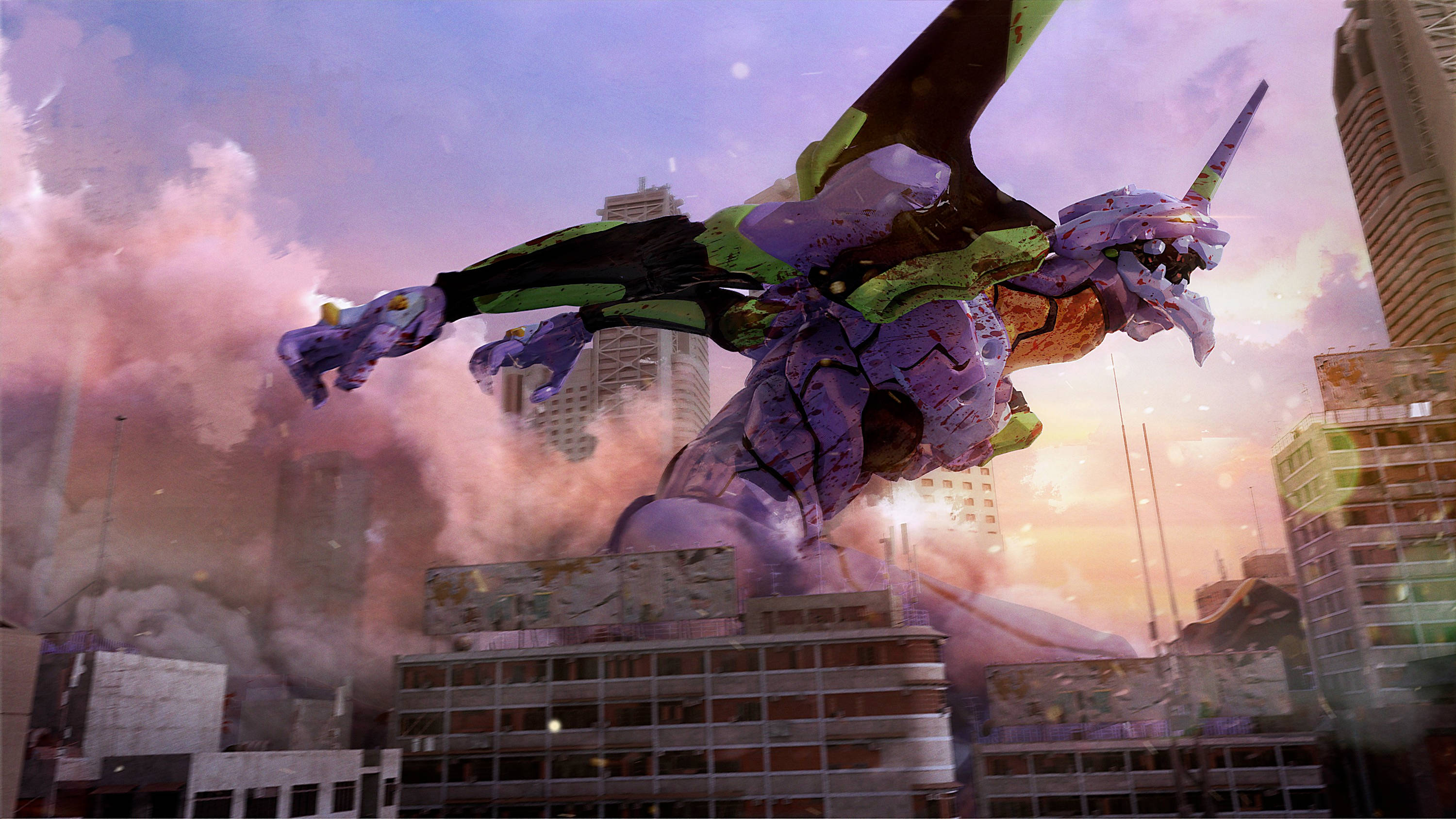 《新世紀福音戰士》4K Unit-01 破壞城市 壁紙 — 一個巨大的紫色和綠色生物機械怪物在日落時分衝破城市景觀，煙霧和碎片飛揚。