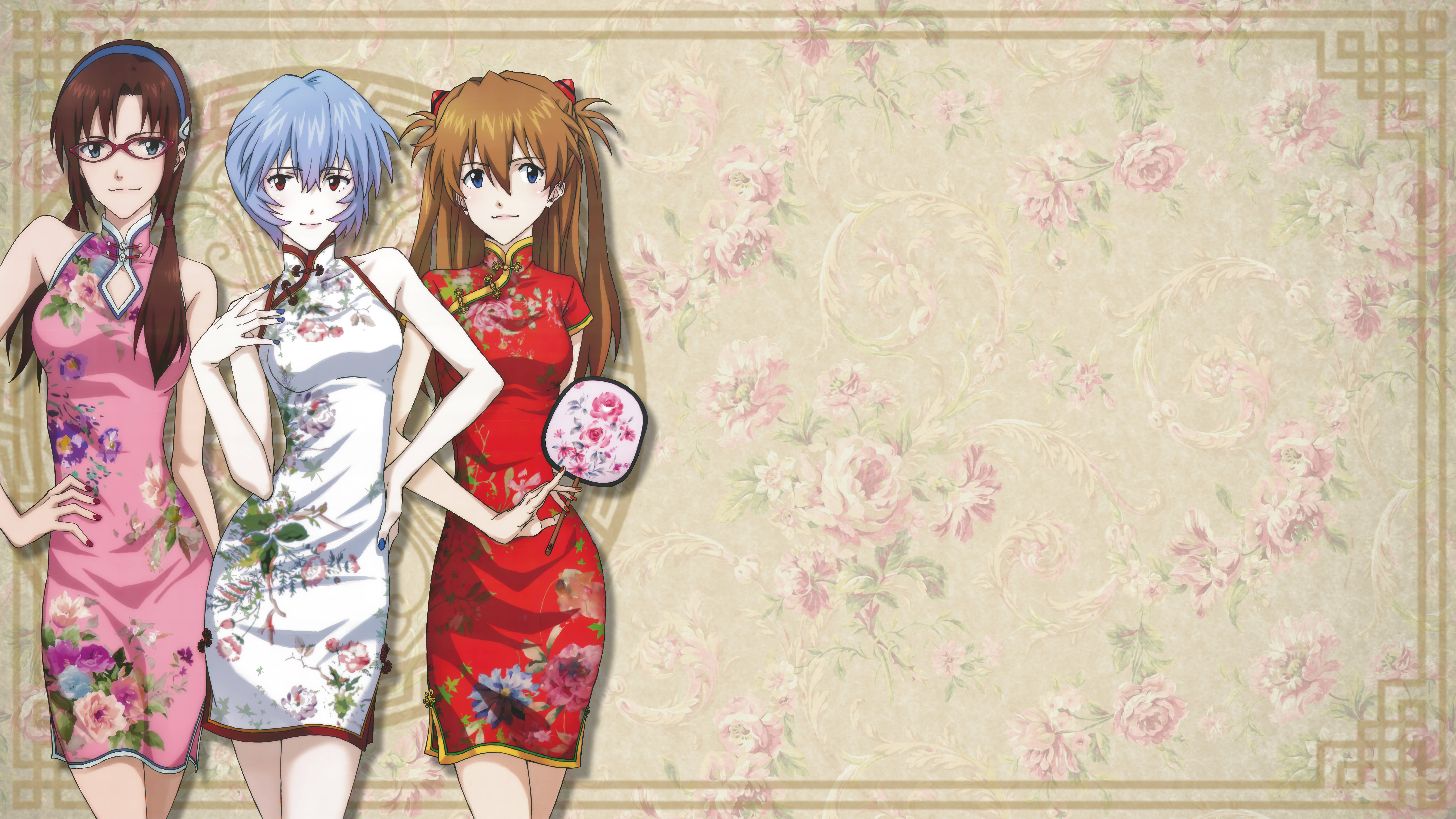《新世紀福音戰士》4K 女性角色 壁紙 — 三個動漫女孩穿著花卉旗袍裙，站在復古花卉牆紙背景前。