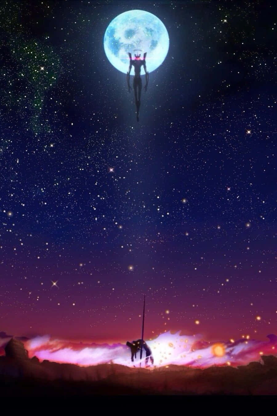 《新世紀福音戰士》iPhone 壁紙：EVA 站立於滿月之下 壁紙 — 一個孤獨的身影站在懸崖上，星空下，一個巨大的發光月亮懸浮在上方，一個剪影伸向它。