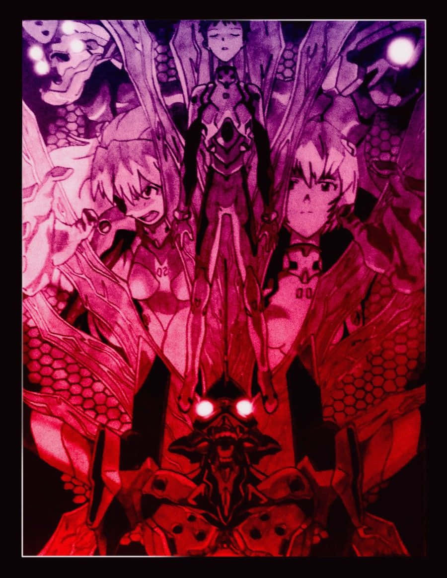 《新世紀福音戰士》iPhone 壁紙：Berserk 模式 EVA 紅眼 壁紙 — 身穿紅色和紫色盔甲的動漫角色，在黑暗而激烈的場景中，站在發光的機械翅膀和骷髏之間。