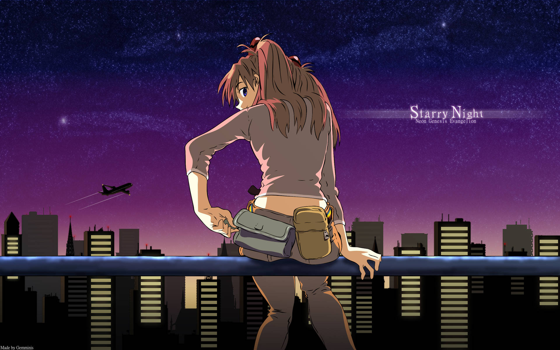 動漫女孩在屋頂上看著城市上空的星空，飛機飛過。
